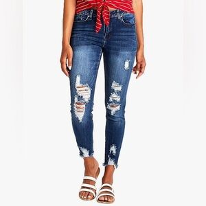 Chic Distressed Ankle Jeans in Deep Blue